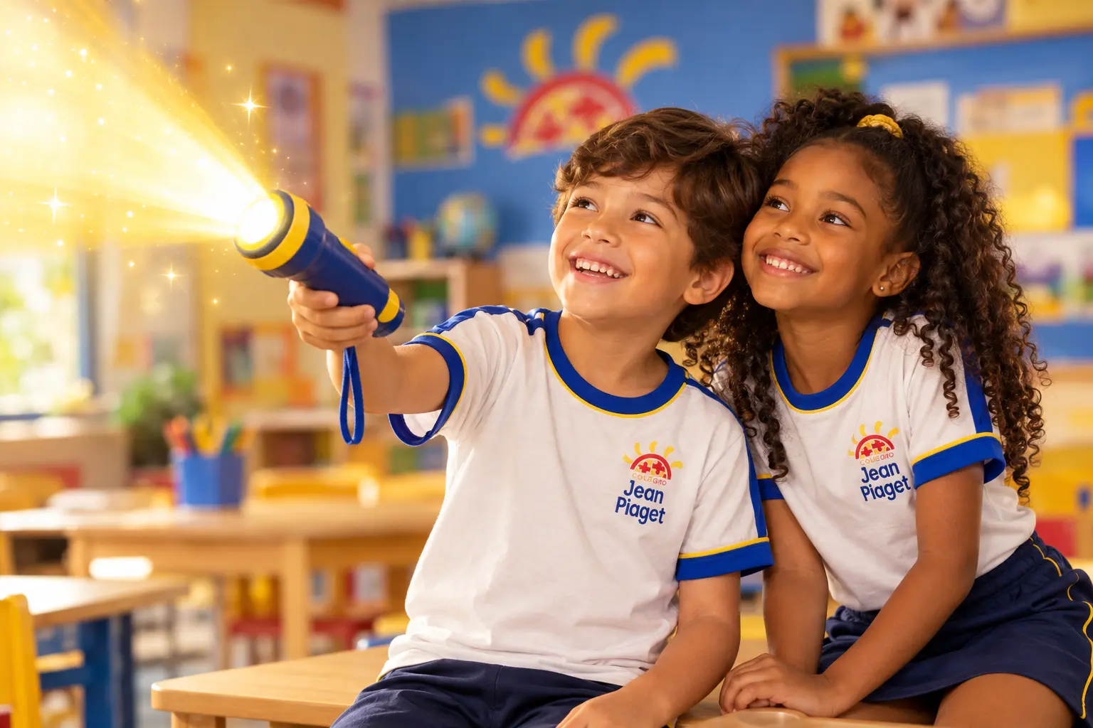 Dois alunos do Colégio Jean Piaget, de farda, sorrindo e iluminando a sala de aula com uma lanterna