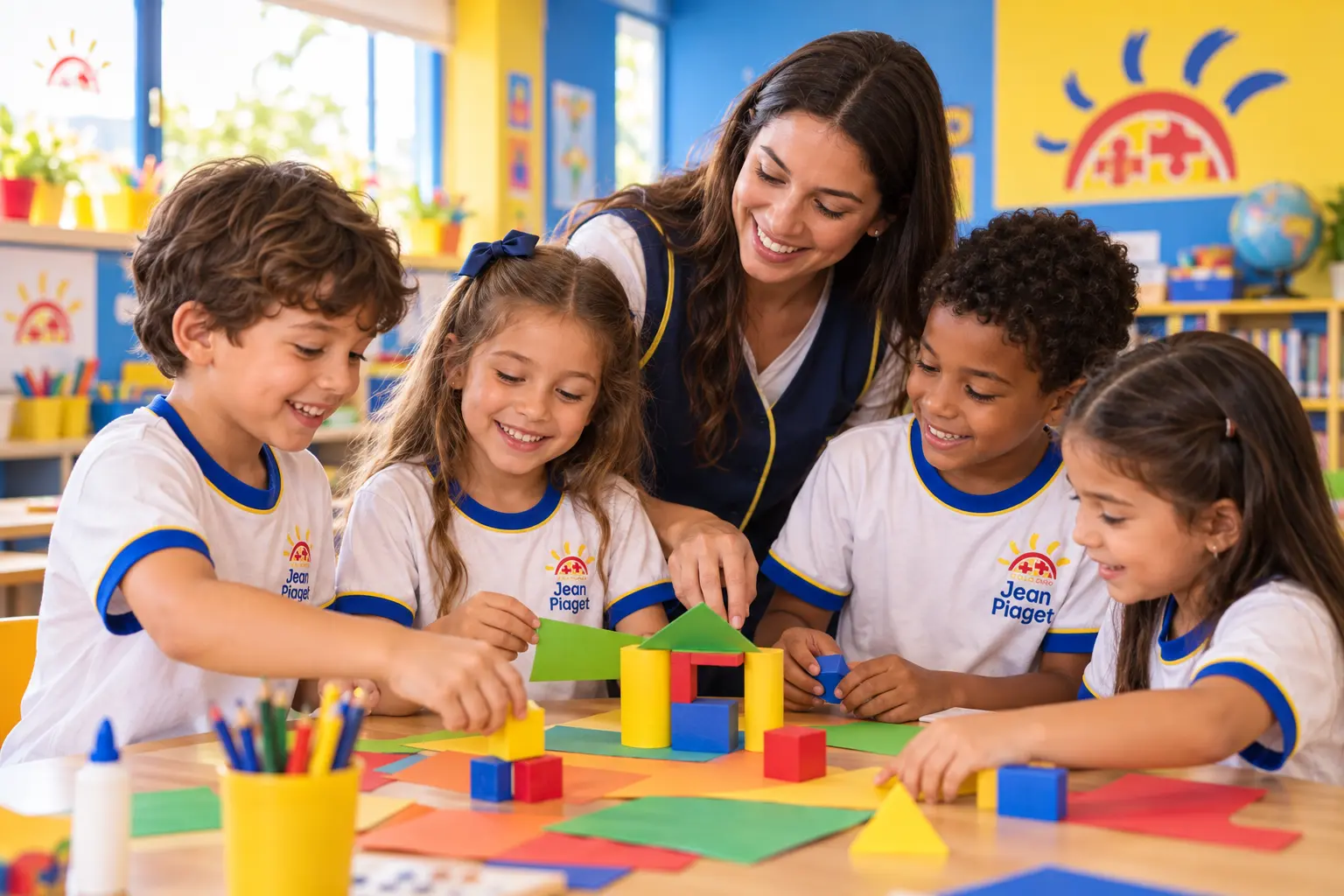 Alunos de farda montando blocos coloridos com a professora em sala de aula